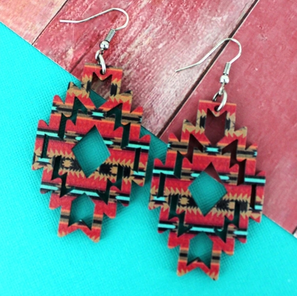 Desert Flame Southwestern Diamond Wood Earrings - Picture 7 of 7